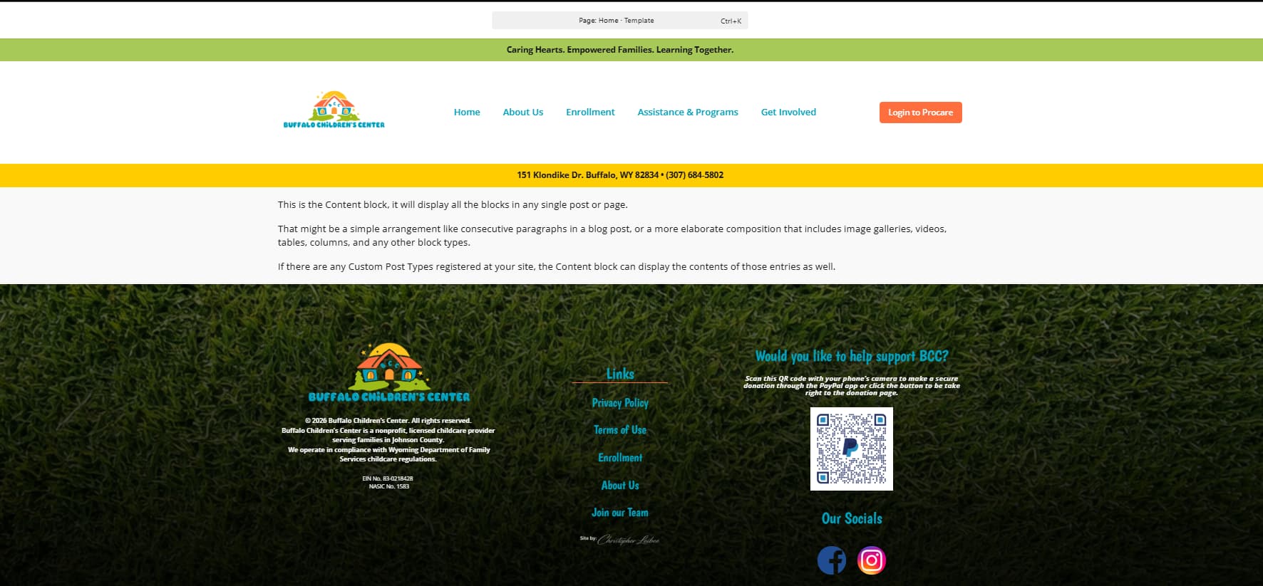 Buffalo Children's Center global header and footer template parts built with native Gutenberg blocks