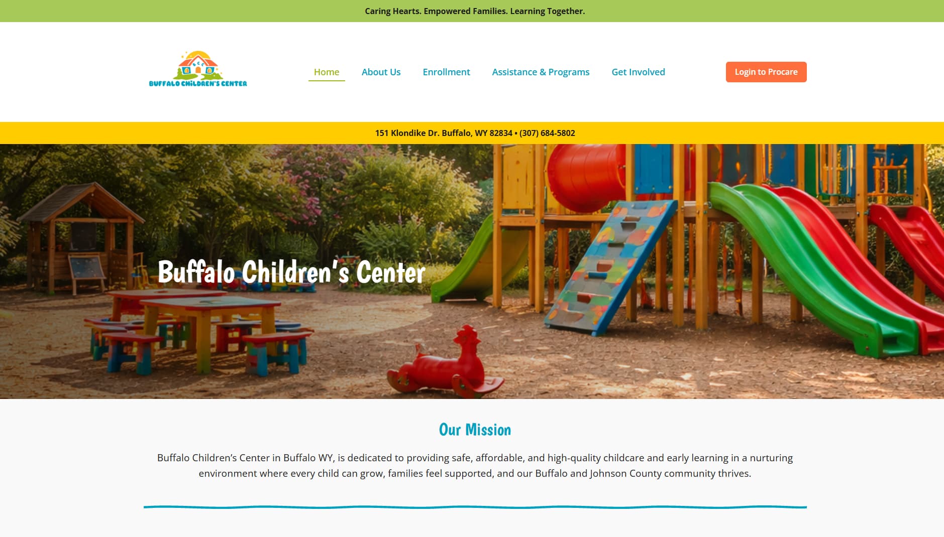 Buffalo Children's Center homepage showing hero image, navigation, and mission statement