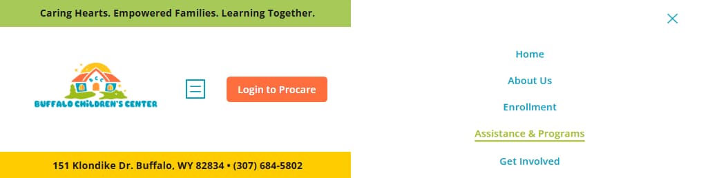 Buffalo Children's Center mobile navigation showing active state, differentiated Procare access, and simplified routing