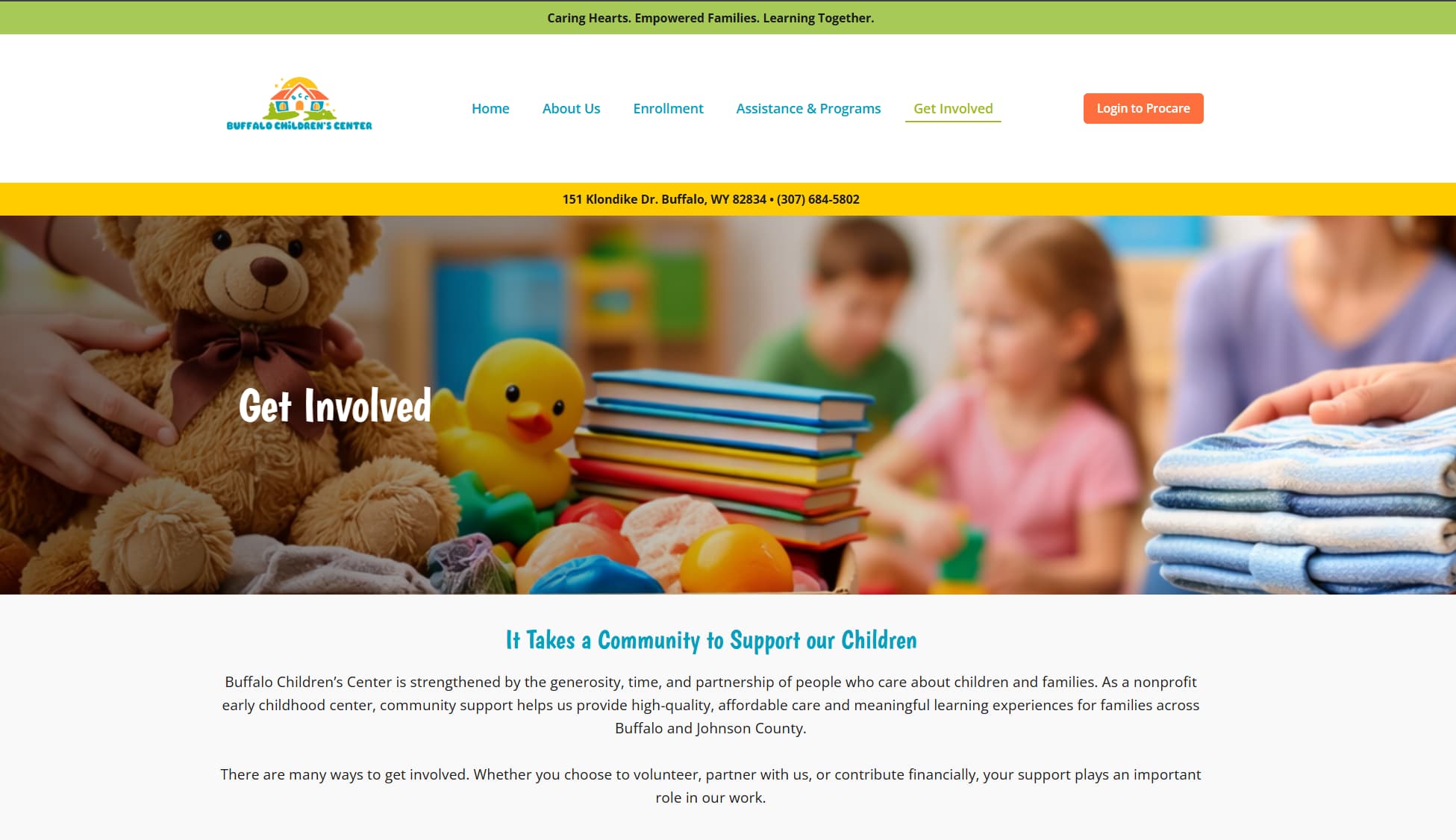 Buffalo Children's Center interior page showing bold hero image with gradient overlay and centered content layout