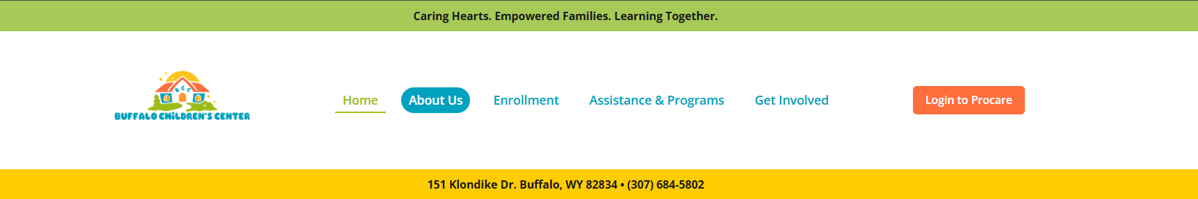 Buffalo Children's Center navigation bar showing active state, hover state, and differentiated Procare login button